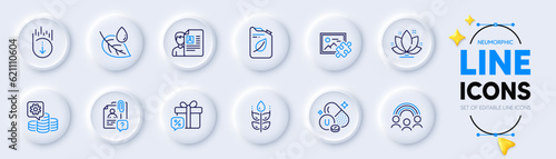 Scroll down, Job interview and Puzzle image line icons for web app. Pack of Vitamin u, Making money, Inclusion pictogram icons. Lotus, Leaf dew, Sale gift signs. Gluten free, Canister. Vector