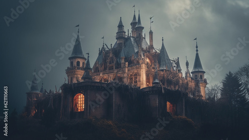 dark a small palace or castle on the edge of the forest or a clearing in nature, fairy tales and fairy tale castles, fictitious