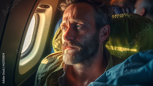 a worried or bored adult man, mature man 40s 50s, on airplane seat, gray beard, tired or bad mood, © wetzkaz