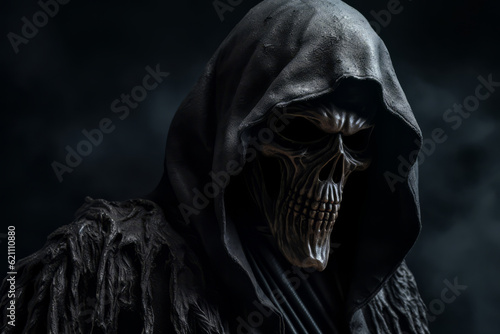 Creepy halloween grim reaper figure wearing a black rope against a dark background photo