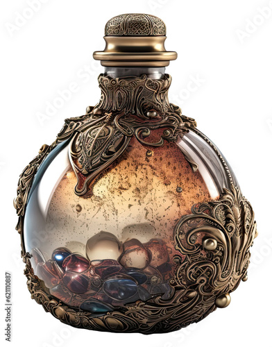 intricate old golden magic potion bottle isolated on transparent background cutout, generative ai photo