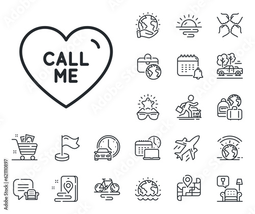 Sweet heart sign. Plane jet, travel map and baggage claim outline icons. Call me line icon. Valentine day love symbol. Call me line sign. Car rental, taxi transport icon. Place location. Vector