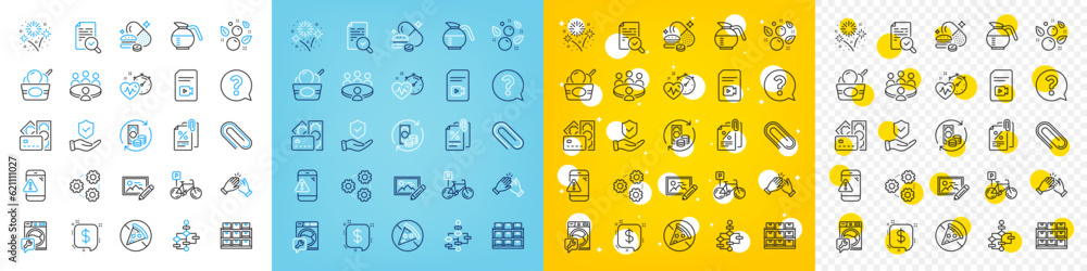 Vector icons set of Tax documents, Coffeepot and Fireworks line icons pack for web with Insurance hand, Prohibit food, Question mark outline icon. Meeting, Money, Clapping hands pictogram. Vector