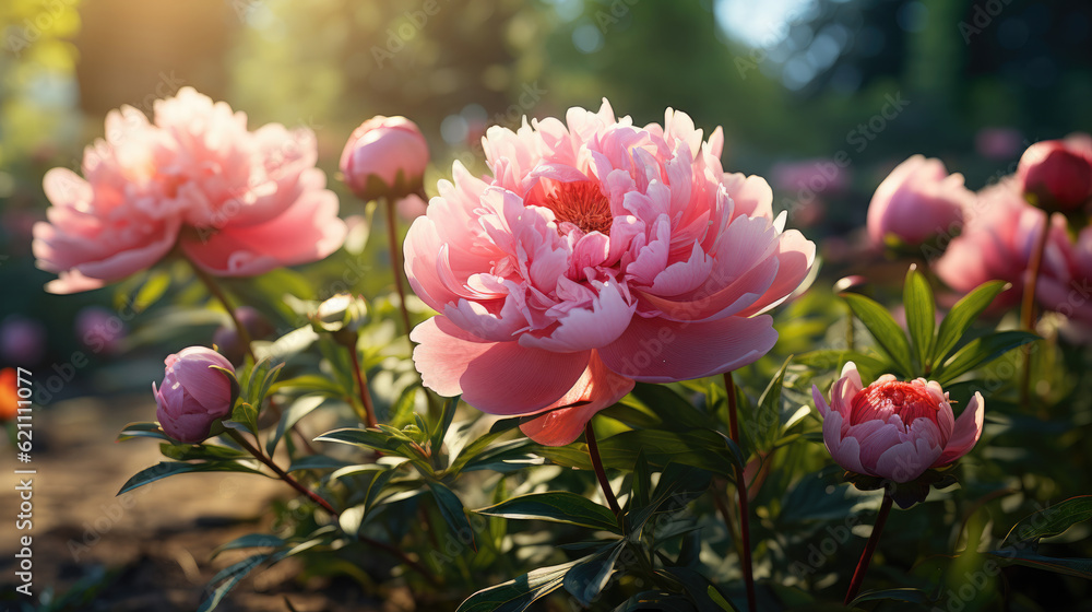 Close-up of pink peony flower blooming in the garden Close-up of pink peony flower blooming in the garden