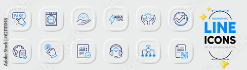Medical support, Washing machine and Restructuring line icons for web app. Pack of Safe time, Audit, Checked calculation pictogram icons. Online voting, Ranking, Fake information signs. Vector