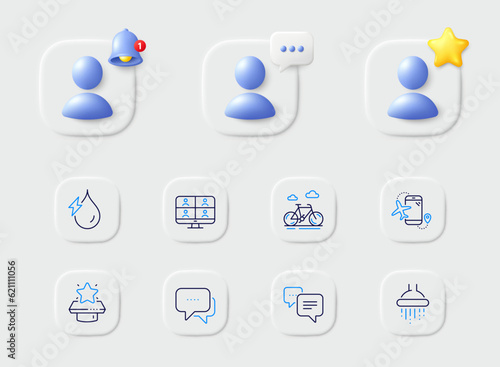Dots message, Shower and Bike line icons. Placeholder with 3d star, reminder bell, chat. Pack of Winner podium, Message, Video conference icon. Flights application, Hydroelectricity pictogram. Vector