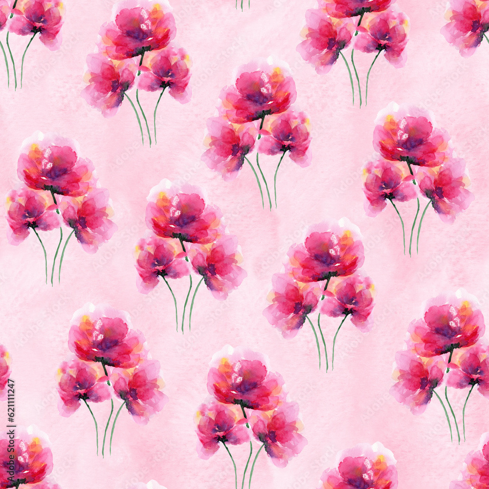 Delicate seamless pattern with bright pink watercolor poppies flowers with leaves. Tender watercolour flower bouquets background for textile design, wrapping paper, wallpaper Delicate seamless pattern with bright pink watercolor poppies flowers with leaves. Tender watercolour flower bouquets background for textile design, wrapping paper, wallpaper