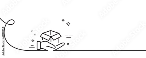 Hold open box line icon. Continuous one line with curl. Delivery parcel sign. Cargo package symbol. Hold box single outline ribbon. Loop curve pattern. Vector