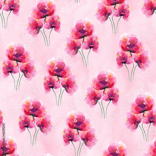 Delicate seamless pattern with bright pink watercolor poppies flowers with leaves. Tender watercolour flower bouquets background for textile design  wrapping paper  wallpaper