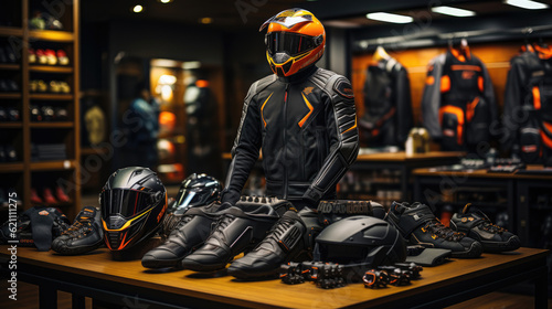 Interior of motorcycle clothes and accessories store