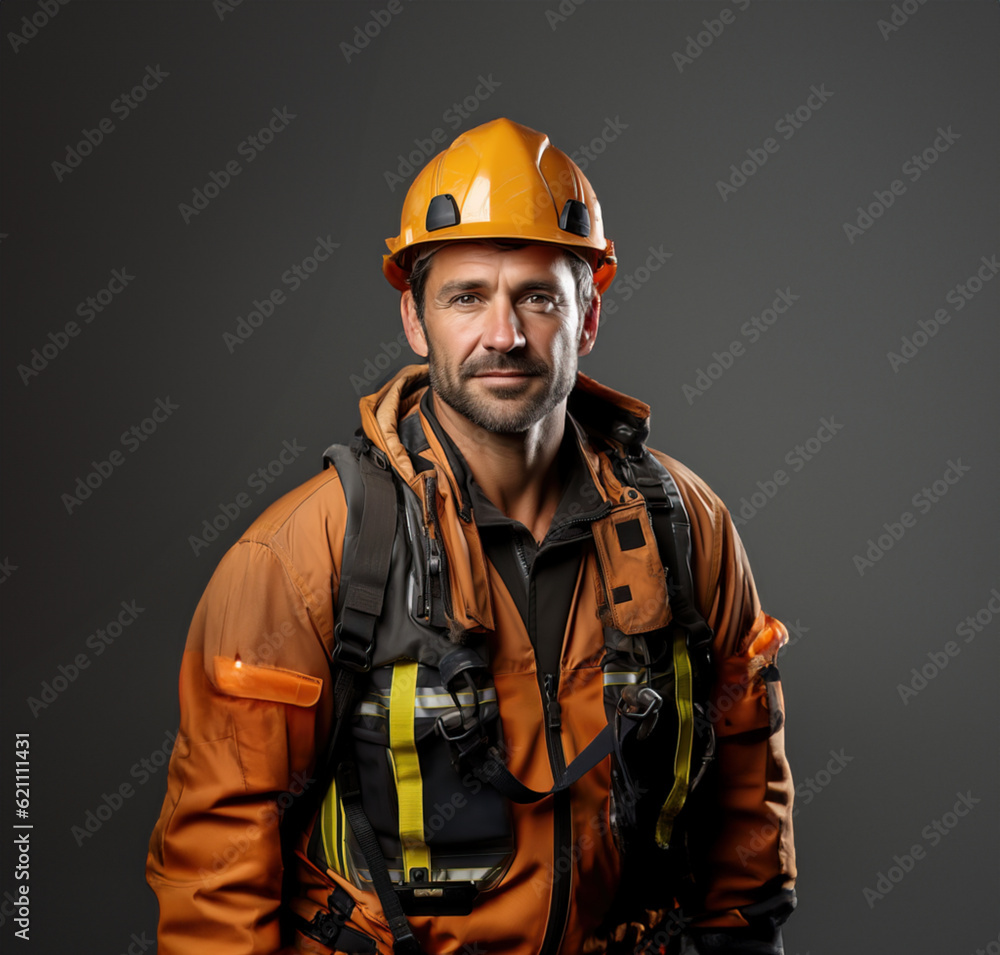 Smiling construction worker wearing uniform over a grey room Smiling construction worker wearing uniform over a grey room