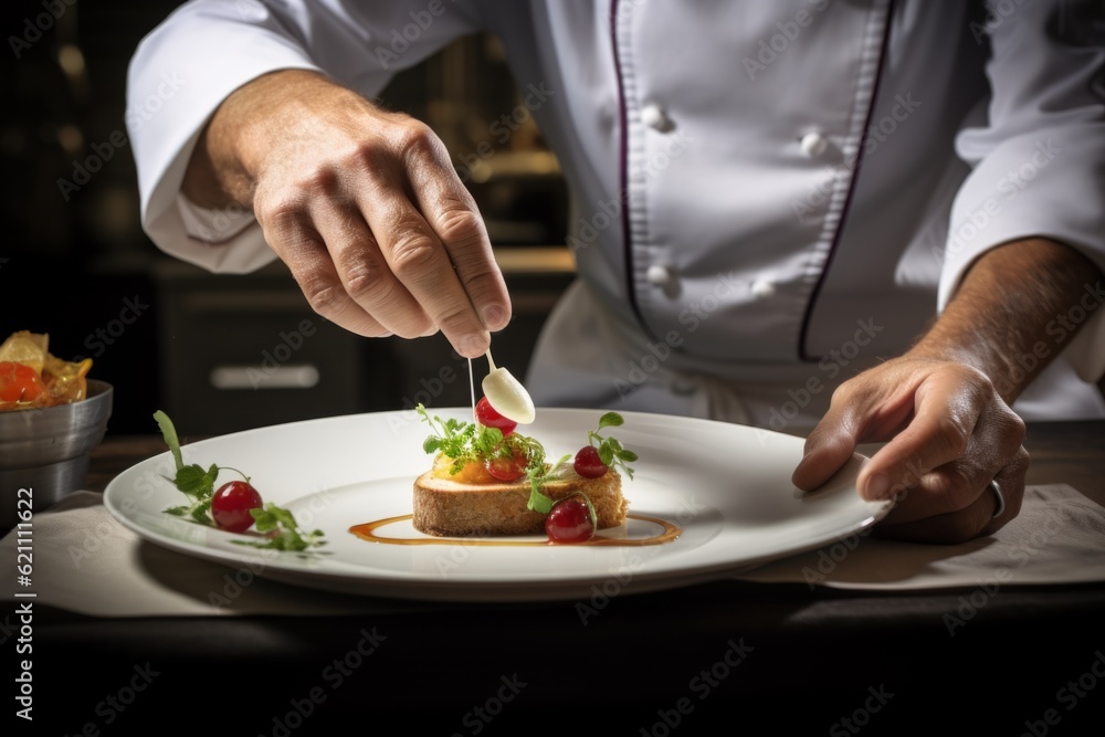 Master chef cook man hands precisely cooking dressing preparing tasty fresh delicious mouthwatering gourmet dish food on plate to customers 5-star michelin restaurant kitchen close-up detailed artwork