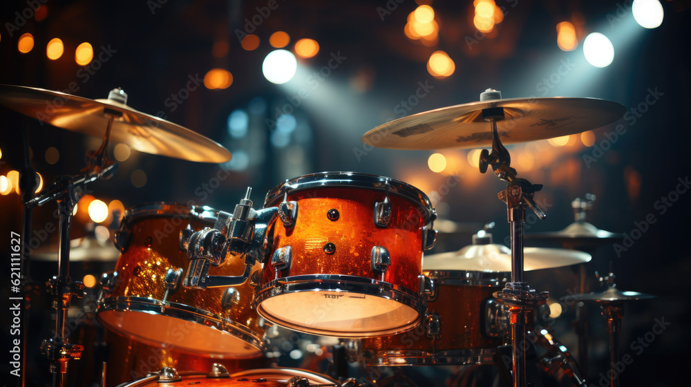 Close-up of a modern drum set on stage for concert - obrazy, fototapety, plakaty 