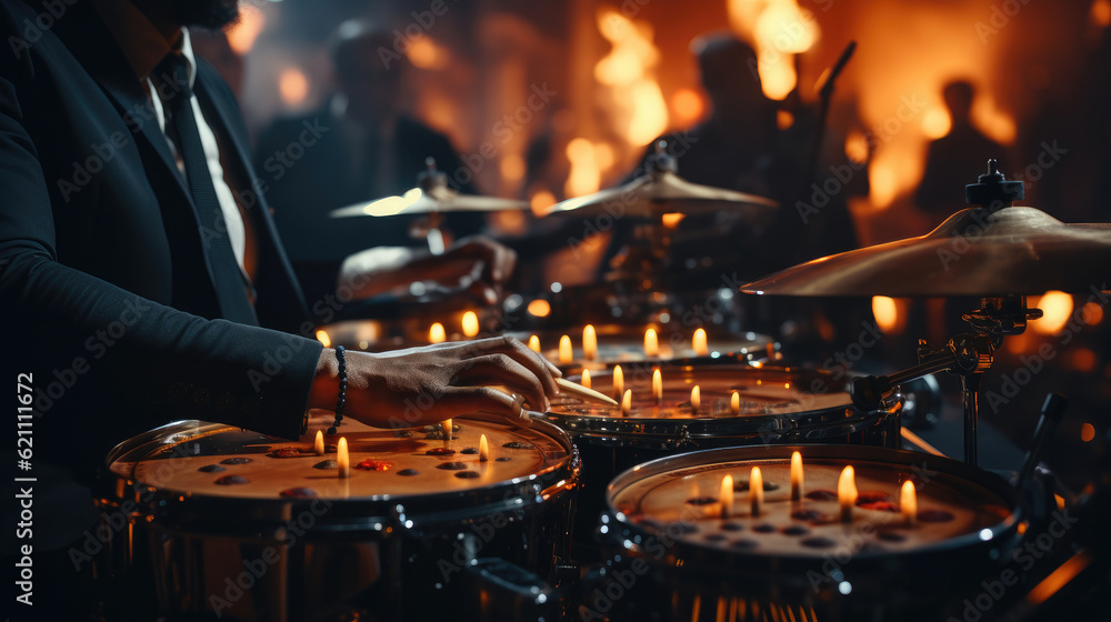 Obraz premium Close-up of a modern drum set on stage for concert