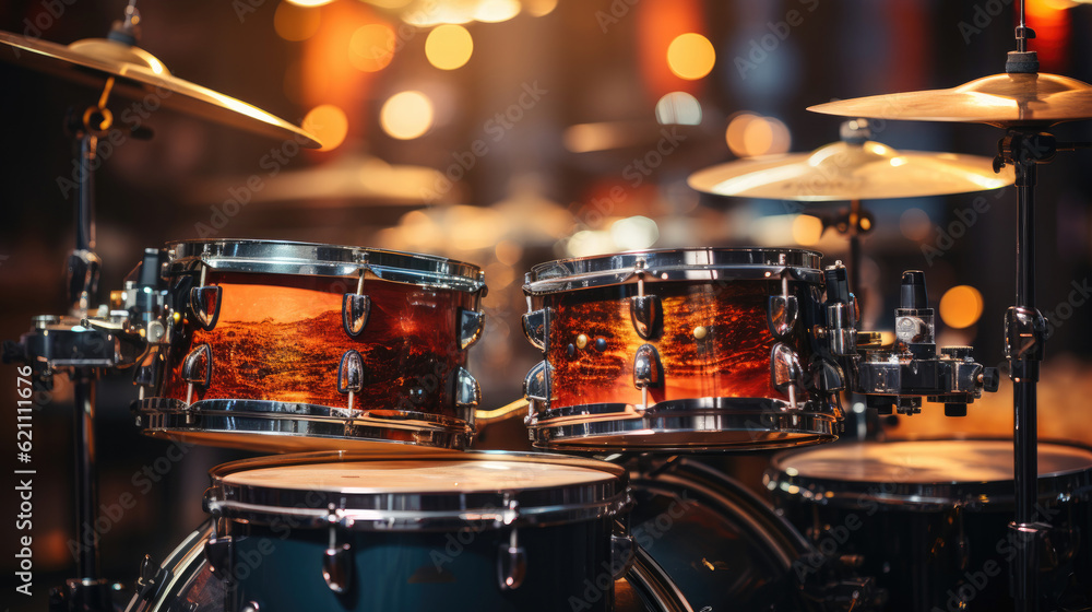 Obraz premium Close-up of a modern drum set on stage for concert