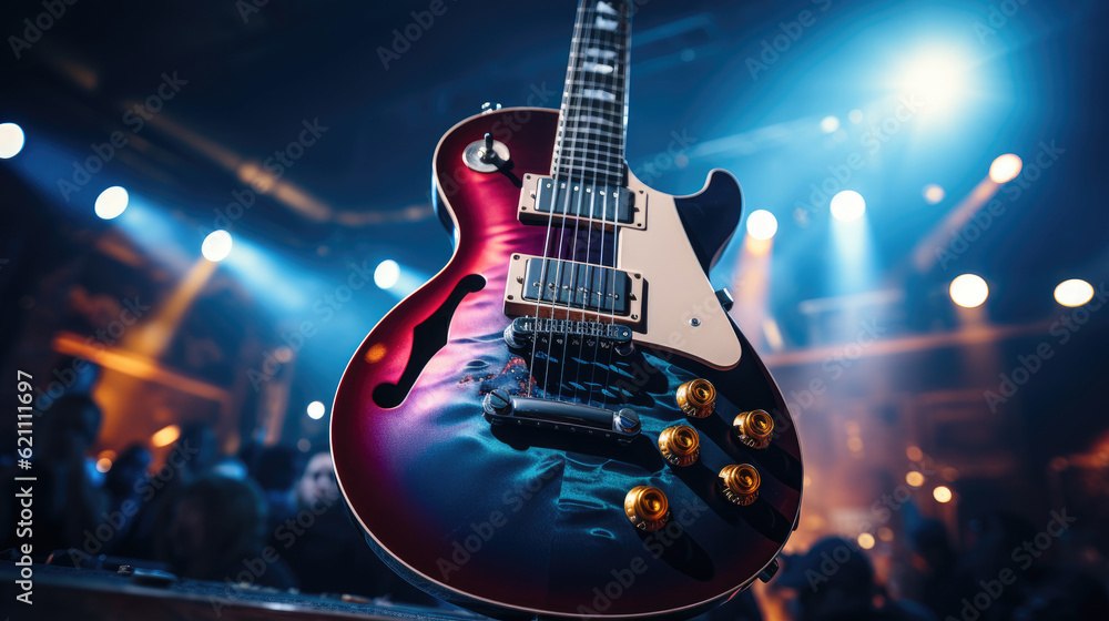 Obraz premium Close-up of electric guitar on a stand on stage