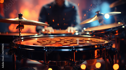 Close-up of a modern drum set on stage for concert