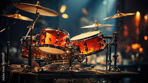 Photo Close-up of a modern drum set on stage for concert