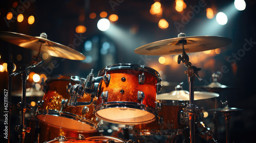 Fotografia, Obraz Close-up of a modern drum set on stage for concert