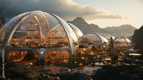 Martian Colony, terraforming, Moon Dome City, cluster of geodesic domes on Mars surface. 3D renderings of glass huts. Metal and glass futuristic dome houses. Ai generated space station, sci-fi art