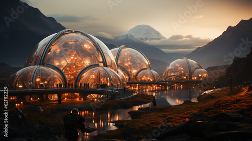 Martian Colony, terraforming, Moon Dome City, cluster of geodesic domes on Mars surface. 3D renderings of glass huts. Metal and glass futuristic dome houses. Ai generated Geodesic bubbles, scifi art