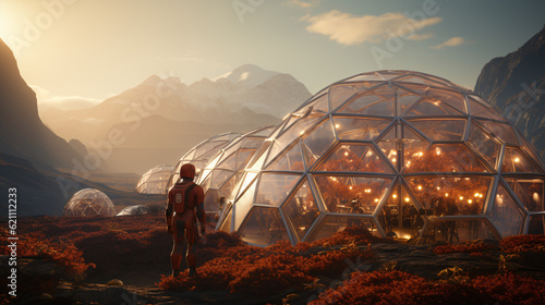 Exploring martian Colony, terraforming, Moon Dome City, geodesic domes on Mars surface. 3D renderings of glass huts. Metal and glass futuristic dome houses. Ai generated Geodesic bubbles. sci-fi art