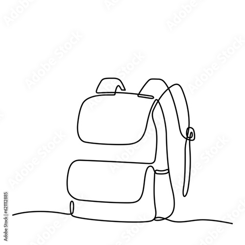 Backpack, school bag for school students in continuous line style. Back to school concept. Hand drawn, line art. Icon. Graphic design, vector, illustration