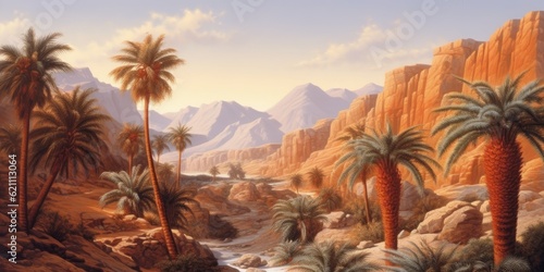 Mountains with palm palms in the midst of a desert