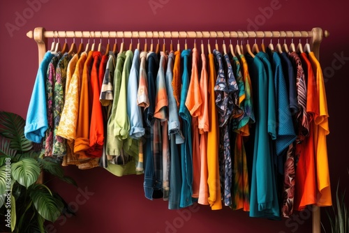 Fashionable colorful clothes on a hanger. ai generative © InfiniteStudio
