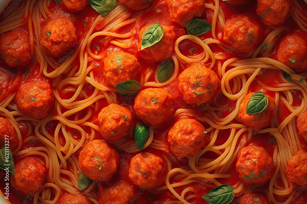 tomato sauce and meatballs over pasta. made using generative AI tools
