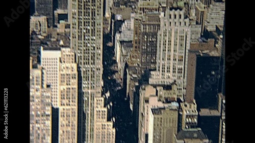 New York, United States of America - circa 1970: vintage panorama from Empire State Building top floor, aerial view of Top of The Rock, Rockefeller Center and Central Park.