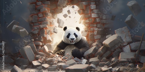 In the backdrop, a little panda can be seen sticking out through a shattered wall. The wall is stunning and adds color to the area. It will serve as the focal point of the area and will visually