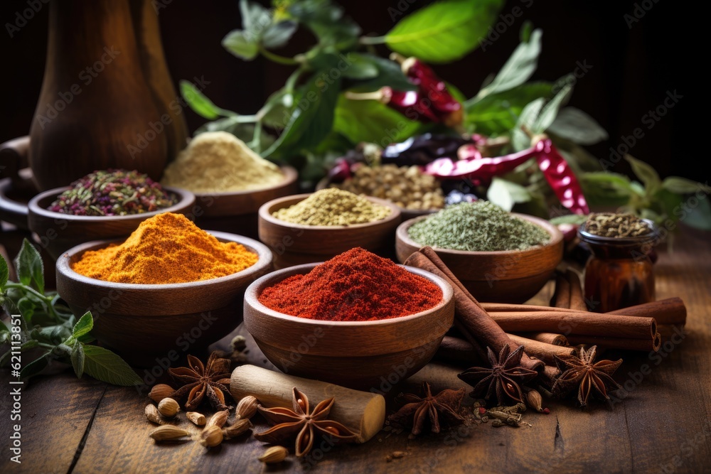 Variety of spices and herbs on a wooden table. ai generative