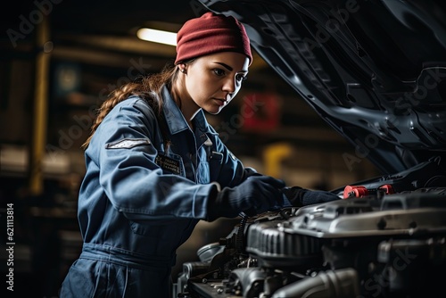 a woman in a blue jumpsuit and red hat working on a car