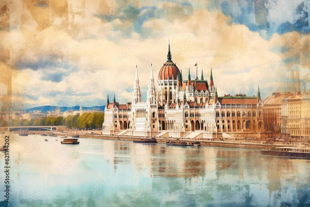 Obraz premium Conceptual Ai Generated Image (not actual) - Budapest, Hungary, panorama with the Chain Bridge and the Parliament, style U1 1