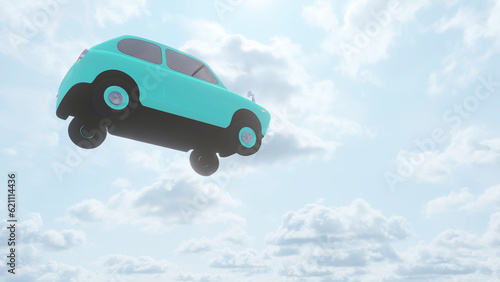 バカンスの夏空を飛ぶ自動車