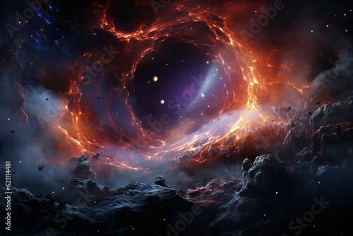 3D render of science fiction black hole in cosmic space, concept of multiple universe and hyperspace. an astrological wallpaper for space-time tunnel. Illustration ai on wormhole cosmos travel. Ai art