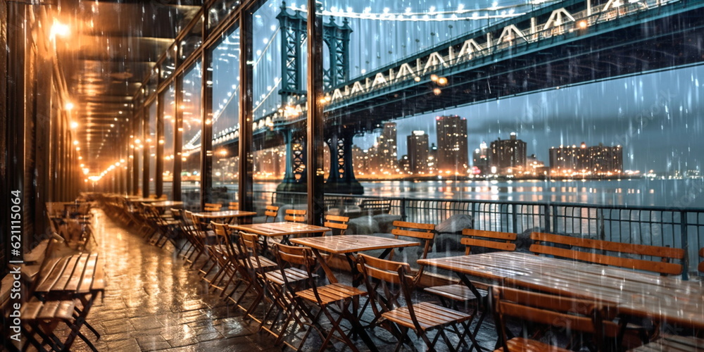 Obraz premium New York panoramic view from hotel window at night city street ,building windows blurred light 