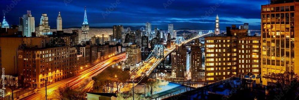 Fototapeta premium New York panoramic view from hotel window at night city street ,building windows blurred light 