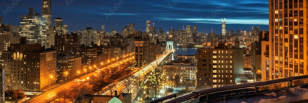 Obraz premium New York panoramic view from hotel window at night city street ,building windows blurred light