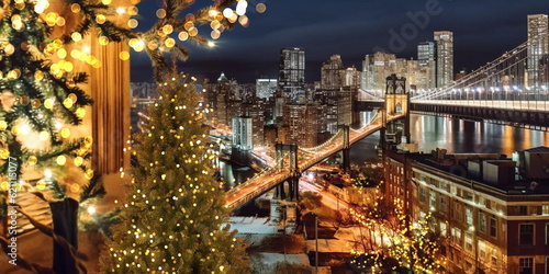 New York panoramic  view from hotel window at night city street ,building  windows blurred light 
