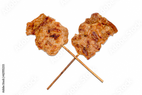 Grilled pork with bamboo stick with soft drop shadow isolated on white background, Thai Traditional Food