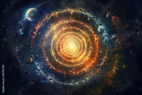 Realistic star life cycle artwork with a single backdrop of bright celestial body symbols.