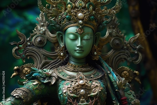 beautiful green tara buddha statue, illustration, generative ai photo