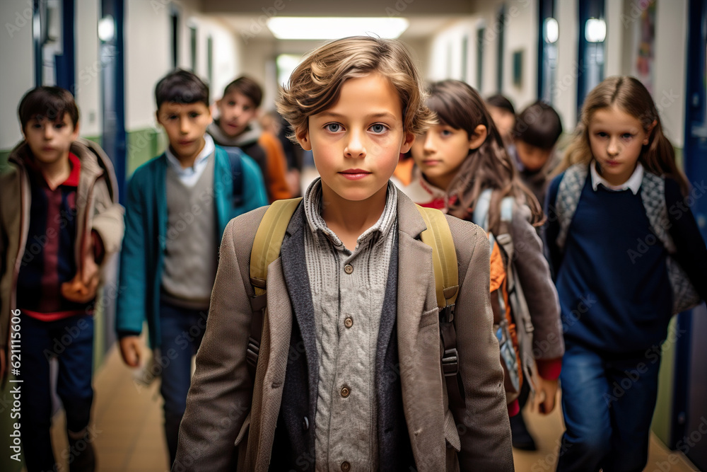 Illustration of children walking down a school hallway for back to ...