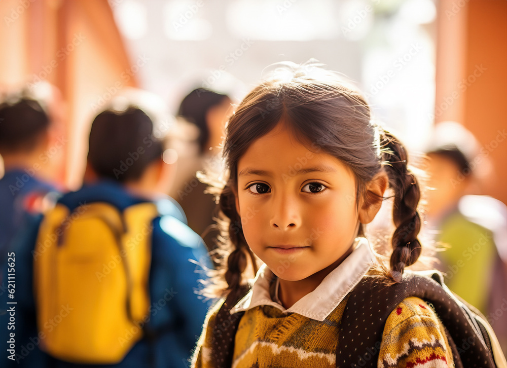 Illustration of a young bolivian girl in a school uniform looking at the camera for a back to school campaign created with Generative AI technology Illustration of a young bolivian girl in a school uniform looking at the camera for a back to school campaign created with Generative AI technology