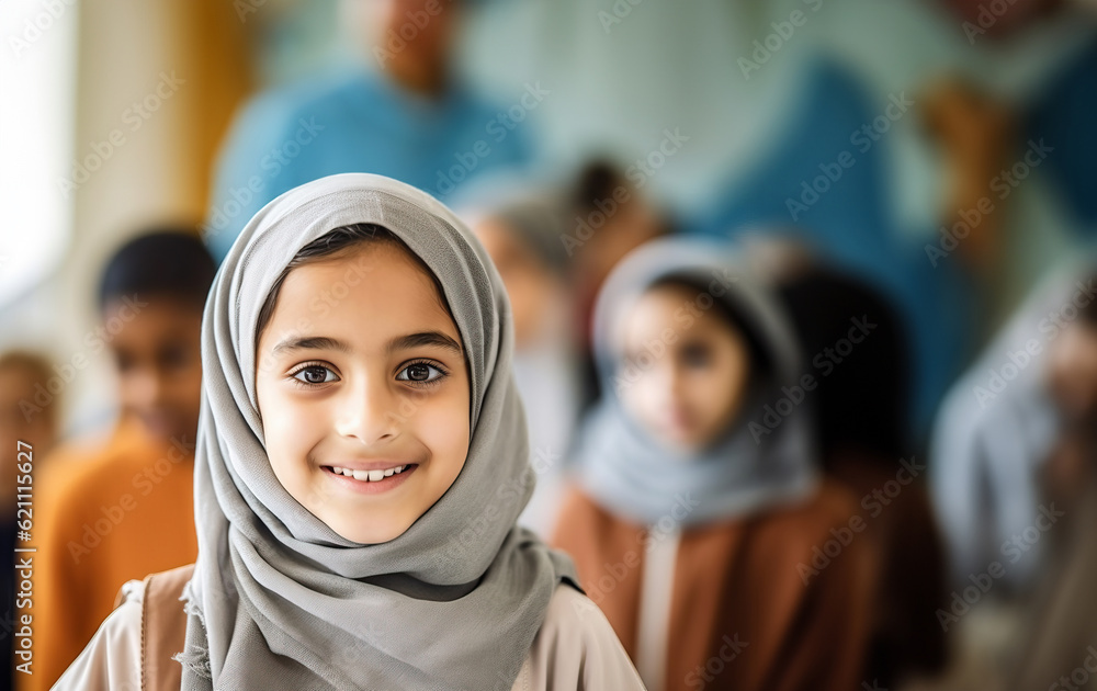 Illustration of a young Arabian girl in a headscarf smiling, ready for the first day of school created with Generative AI technology Illustration of a young Arabian girl in a headscarf smiling, ready for the first day of school created with Generative AI technology