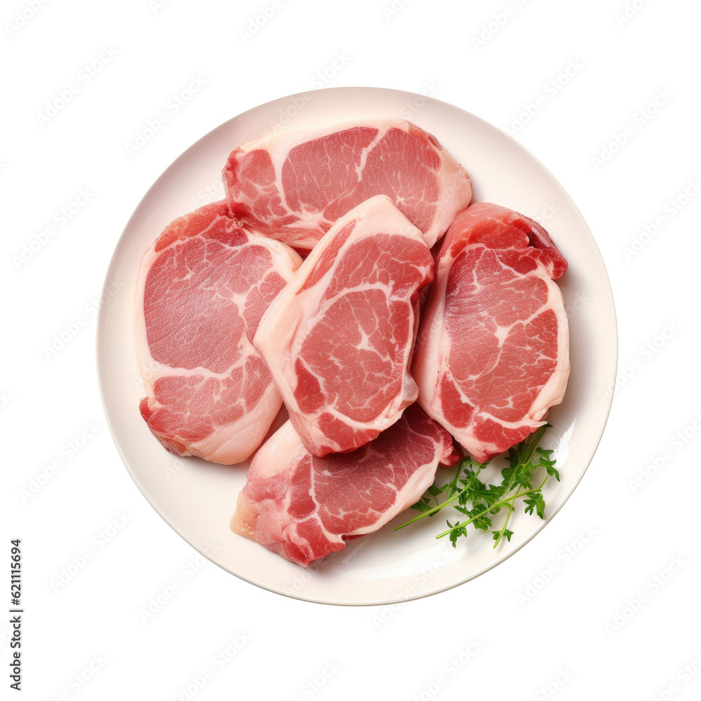 Plate of Raw Pork Chops Isolated on a Transparent Background 