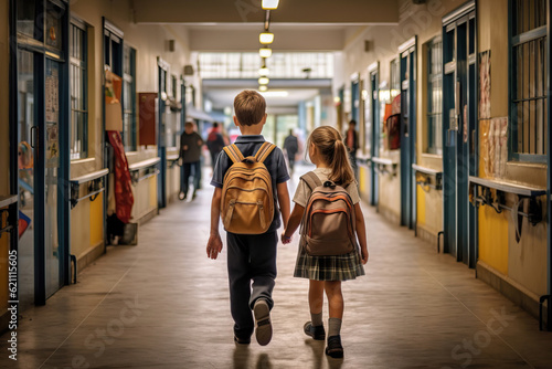 Illustration of two children walking down a school hallway with backpacks created with Generative AI technology