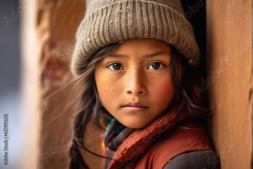 Illustration of a young bolivian girl wearing a hat and scarf, ready to go back to school created with Generative AI technology